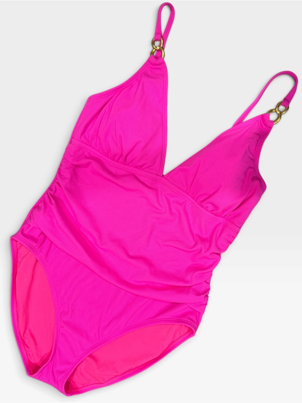 Bleu Rod Beattie Pink One Piece Swimsuit Size 14 Gold Ring Ruched